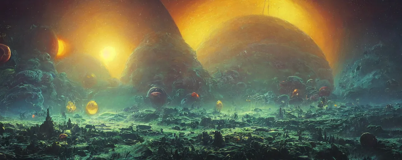 Prompt: ” outer planet with strange and mysterious eggs and larvae, [ art by paul lehr, cinematic, detailed, epic, widescreen, opening, establishing, mattepainting, photorealistic, realistic textures, octane render ] ”