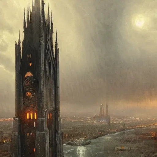 Image similar to an ultra detailed tarot card of a lonely and impossibly tall ominous gothic dark citadel tower of the evil patriarch, elevated high above the city, in a river elevated high above the city, fantasy capital city, ultrawide lense, aerial photography, scary thunderstorm, light fog, volumetric lighting, exquisite detail, 8 k, art by greg rutkowski and alphonse mucha