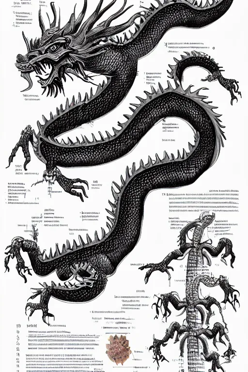 Prompt: anatomical encyclopedia illustration of a chinese dragon, photorealistic, diagram, intricate details