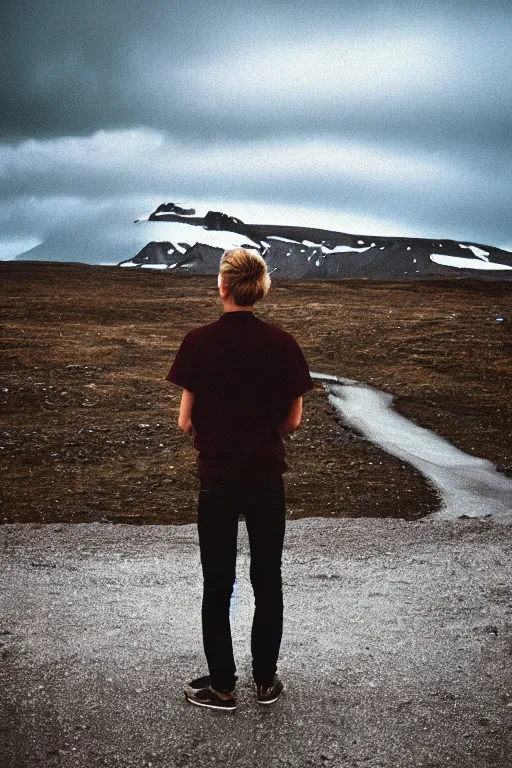 Prompt: kodak color plus 2 0 0 photograph of a skinny guy looking at beautiful iceland scenery, back view, vaporwave colors, grain, moody lighting, moody aesthetic,