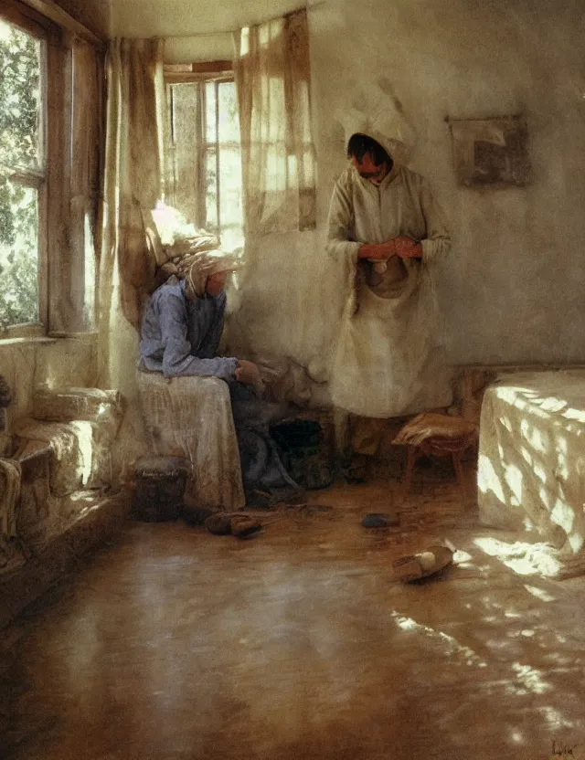 Image similar to peasant boy praying in country house, cottage core, cinematic focus, polaroid photo bleached vintage pastel colors high - key lighting, soft lights, foggy, by steve hanks, by lisa yuskavage, by serov valentin, by tarkovsky, detailed, oil on canvas