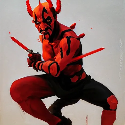 Image similar to greg manchess portrait painting of darth maul as overwatch character, medium shot, asymmetrical, profile picture, organic painting, sunny day, matte painting, bold shapes, hard edges, street art, trending on artstation, by huang guangjian and gil elvgren and sachin teng