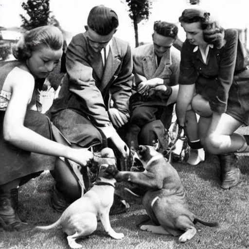 Prompt: 1940s photograph of a tribe of humans worshipping a puppy, award-winning