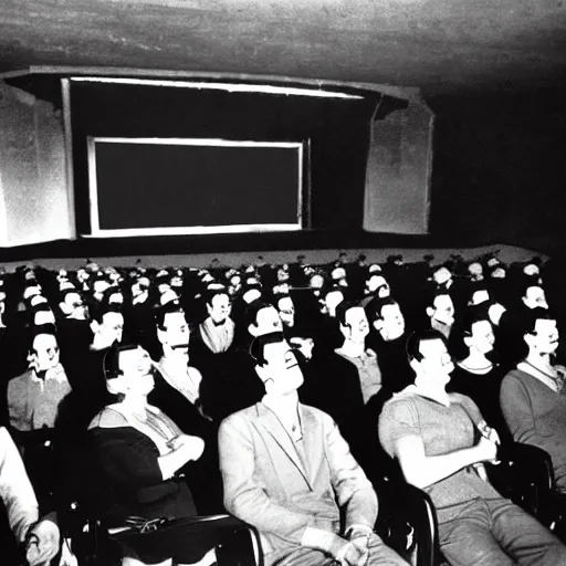 Prompt: full 1 9 5 0's movie theatre, audience all wearing vr headsets. image taken at front of theatre looking towards the crowd. dark only light coming from the screen. audience illuminated