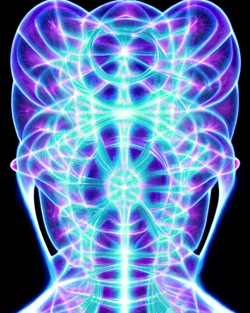 Prompt: alex grey style fractal pattern xray portrait of a glowing alien with space behind them. convergence of a higher mind