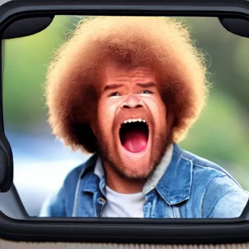 Image similar to a tiny screaming angry bob ross running your in rear view mirror