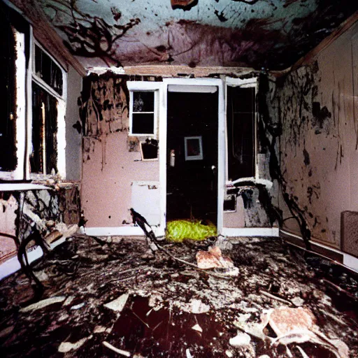 Image similar to 1 9 9 3, disposable camera, flash, old abandoned house, creature, standing, meat, ooze, slime, veins, wet