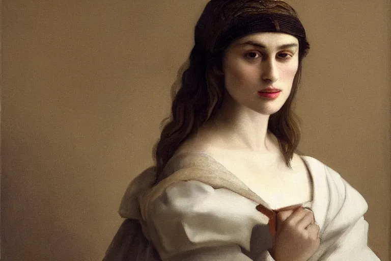 Prompt: beautiful portrait of kira knightley painted by vermeer