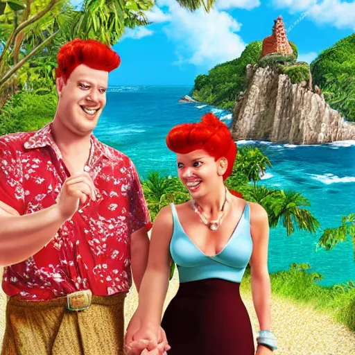 Image similar to fred and wilma flinstone honeymoon highly realistic digital photograph