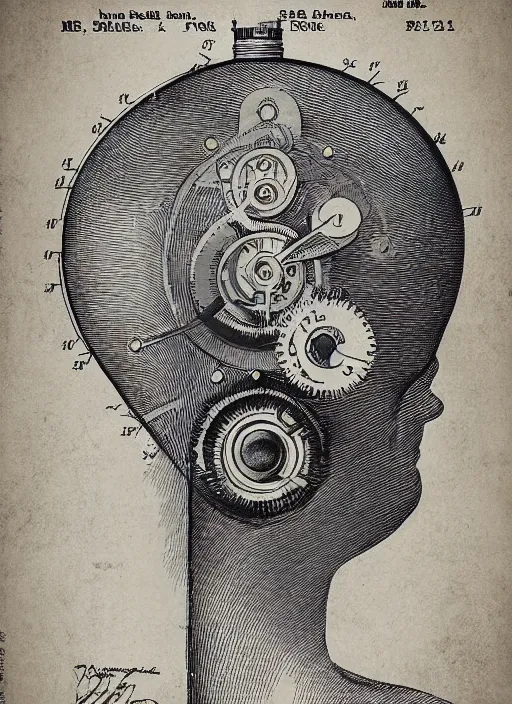 Prompt: “A detailed clockwork mechanism attached to forehead of a woman. Patent application drawing, close-up, Fig.1, Header text”