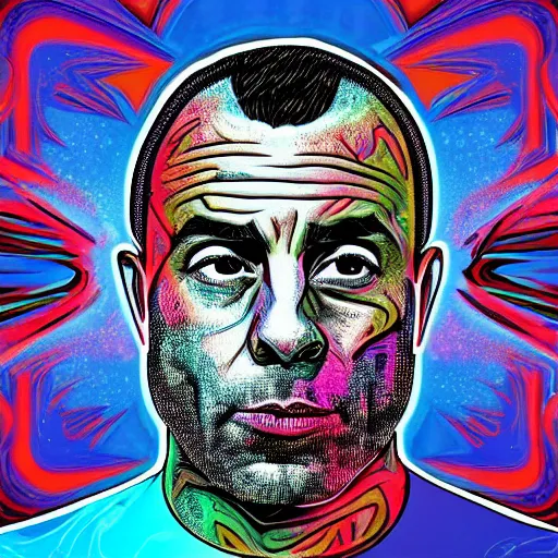 Image similar to podcast joe rogan logo creative, trippy, 8 k, 4 k uhd, realistic, colorful, super detailed, very detailed, detailed
