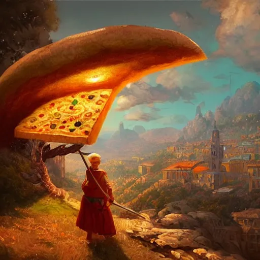 Image similar to ultra realistic illustration of pizza giant, intricate, fantasy italy, epic landscape, highly detailed, digital painting, artstation, concept art, smooth, sharp focus, beautiful, art by tim mcburnie and conar cross and anato finnstark