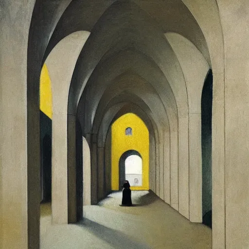 Image similar to in the distance, a little girl with short black hair and wearing a yellow coat alone in the inner courtyard of a cloister in an abbey, the light is bright and wintry, painting by hopper and de chirico