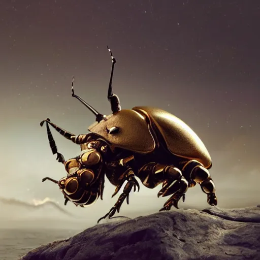 Image similar to Very high detailed rhinoceros beetle made of gold and metal standing on a carbon fiber background, robotic, nature, symmetrical, Greg Rutkowski, Charlie Bowater, Beeple, Unreal 5, hyperrealistic, dynamic lighting, fantasy art