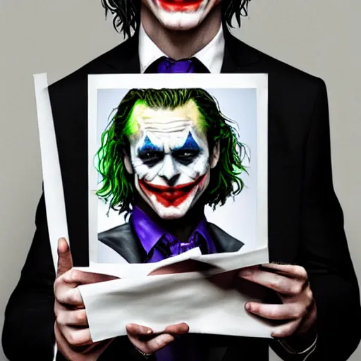 Image similar to the joker holding a printed photo of Margot Robbie, digital painting, amazing detail, artstation, photorealistic, cgsociety