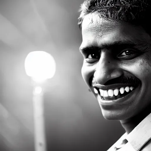 Image similar to a dramatic photograph of worker from india, beautiful smile, cinematic lighting