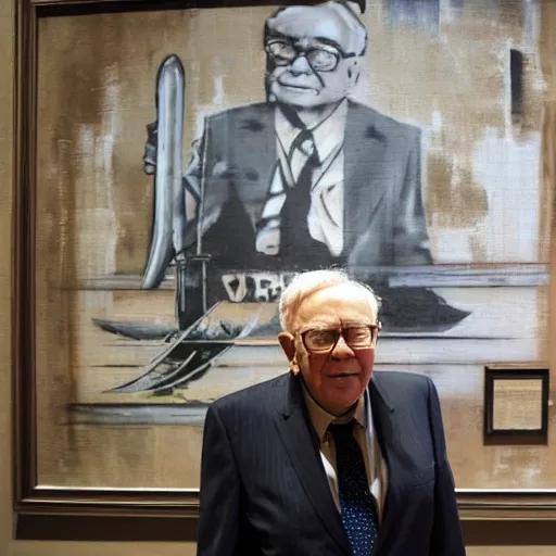 Image similar to A photograph of Warren Buffet standing next to a Banksy painting in Venice