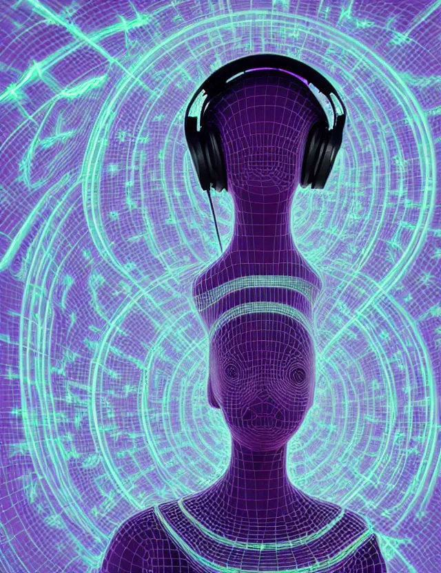 Image similar to 3 d goddess of music and 🔊 wide angle portrait with musical notes, headphones and torus geometry. subwoofer speaker, music, wave frequencies, cymatics. auditory symbiogenesis, synaesthesia, polyphonic communication, sonic projection, artwork by tooth wu and android jones wlop and android jones and beeple and greg rutkowski