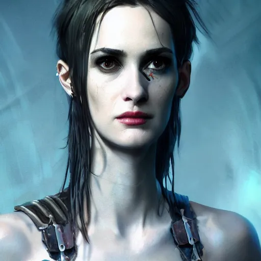 Image similar to winona ryder portrait, dystopia core, apocalyptic, armor, warrior, dramatic, sharp focus, fiction, neon, fantasy, hyper detailed, digital art, trending in artstation, cinematic lighting, studio quality, smooth render, unreal engine 5 rendered, octane rendered, art style and nixeu and wlop and krenz cushart