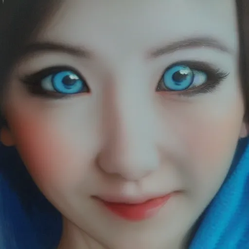 Image similar to (anime girl), blue happy eyes 24yo, studio, 35mm, soft artistic filter, annie leibowit