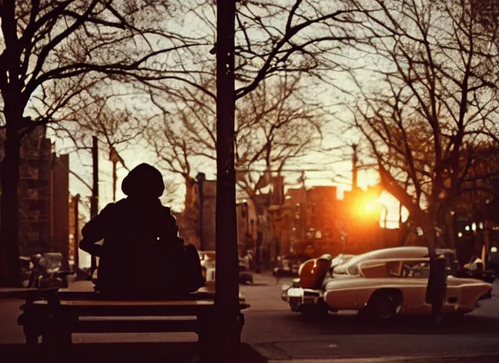 Prompt: a 35mm photograph from the back of a woman sitting on a bench in Harlem, New York City in the 1960's at sunset, bokeh, Canon 50mm, cinematic lighting, photography, retro, film, Kodachrome, award-winning, rule of thirds, golden hour