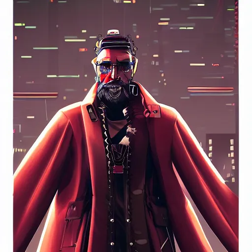 Image similar to cyberpunk sinterklaas as the leader of a futuristic communist nation, cybernetics, sharp lines, digital, artstation, colored in