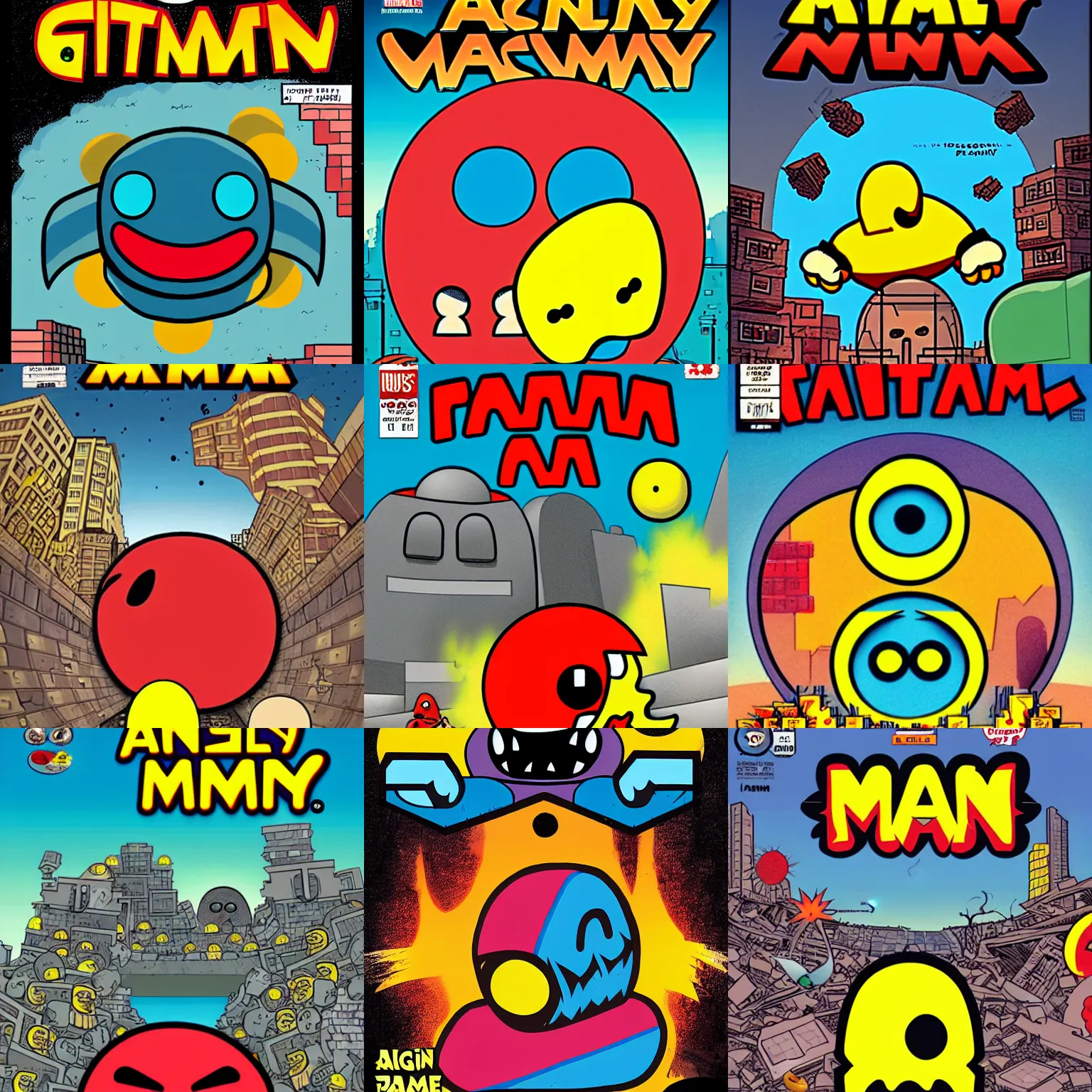 Prompt: angry giant pacman in ruined city, a comics cover
