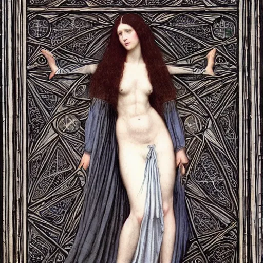 Prompt: Symmetric Pre-Raphaelite painting of a beautiful mystic woman with dark hair in a very detailed silk dark grey dress by John William Waterhouse, zoomed out, surrounded by a dark gothic frame of highly detailed mathematical drawings of neural networks and geometry by Doré, highly detailed mathematical drawings of geometry by HG Giger