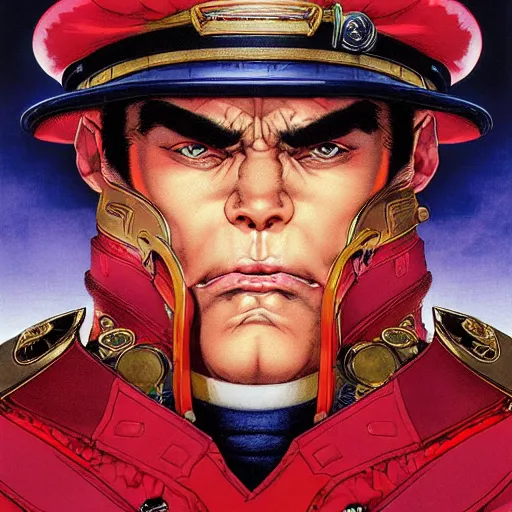 Image similar to portrait of crazy m. bison, symmetrical, cinematic colors, by yoichi hatakenaka, masamune shirow, josan gonzales and dan mumford, ayami kojima, takato yamamoto, barclay shaw, karol bak, yukito kishiro