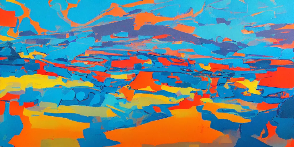 Prompt: abstract landscape painting at noon by james jean and David Schnell painted in no mans sky style