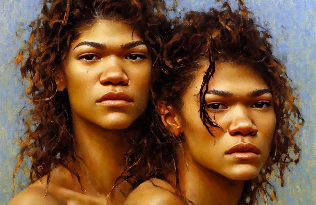 Prompt: portrait of zendaya!!!!!!!!!!!!!!!!!!!!!!!!!!!, detailed face, detailed painting,, epic lighting, by ilya repin, phil hale and kent williams