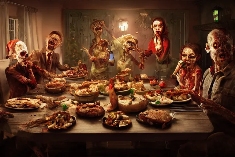 Image similar to a zombie family christmas dinner by ross tan, hyper realistic, ambient lighting, concept art, intricate, hyper detailed, smooth, dynamic volumetric lighting, octane, cinematic