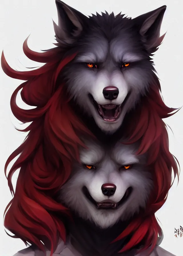 Image similar to character concept art of a black anthropomorphic male furry wolf long red hair | | cute - fine - face, pretty face, key visual, realistic shaded perfect face, fine details by stanley artgerm lau, wlop, rossdraws, james jean, andrei riabovitchev, marc simonetti, and sakimichan, trending on artstation