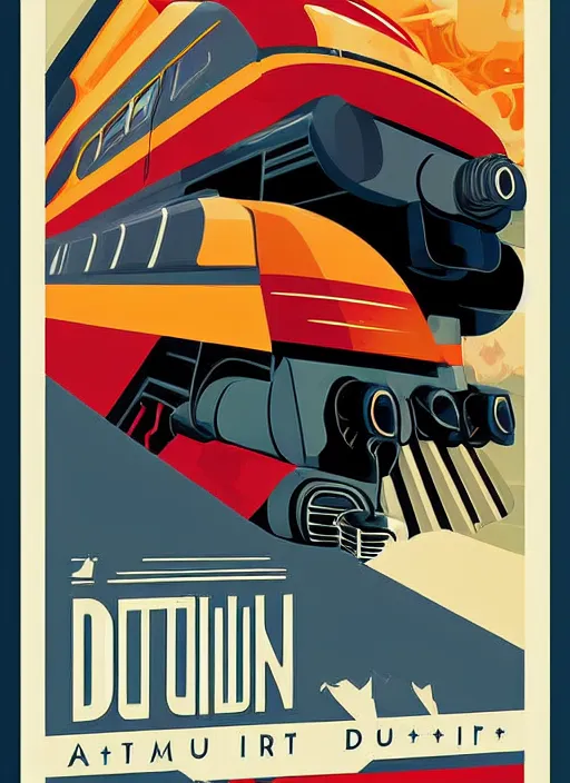 Prompt: retro futuristic print poster design, digital art, of an Art Deco train designed and illustrated by Larent Durieux