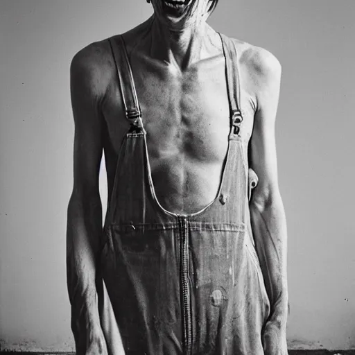 Image similar to far view, extremely skinny malnourished donald trump, wearing dirty overalls, dirty greasy face, grin, portrait, close up, kodak gold 2 0 0, 5 0 mm,