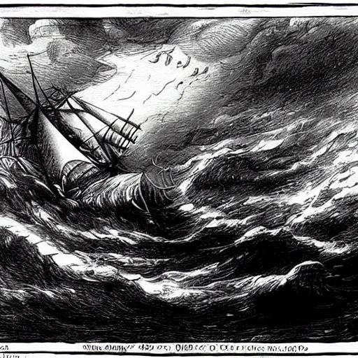 Prompt: large ship being tossed about in a fierce storm in the sea, dark, low light, terrifying, beautiful, john tenniel illustration