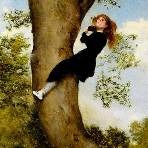 Image similar to young victorian lady climbing a tree, painted by alfred stevens