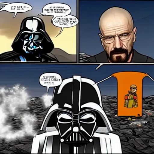 Prompt: Walter White on mustafar with Darth Vader