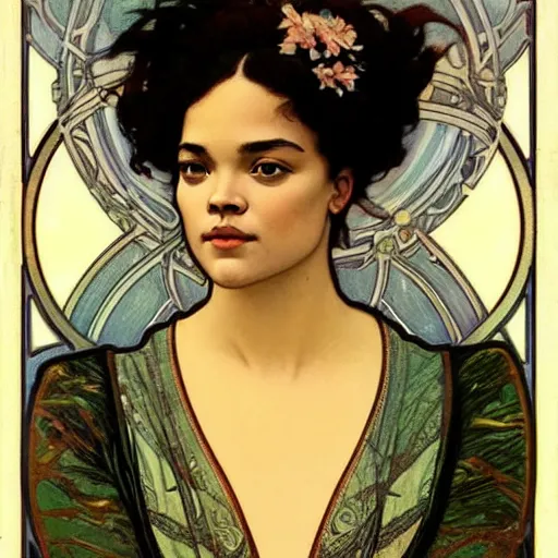 Image similar to tessa thompson portrait by louis - theophile hingre and alphonse mucha, realistic, sharp focus, zodiac signs, tarot cards, planets, ethereal, art nouveau, magic, moon, sun, crown, dreamy, royal, jewellery