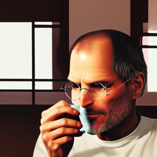 Image similar to A high definition photo of Steve Jobs drinking a cup of coffee on a couch in his living room, hyperdetailed, artstation, digital art, photorealism, accurate, 8k,