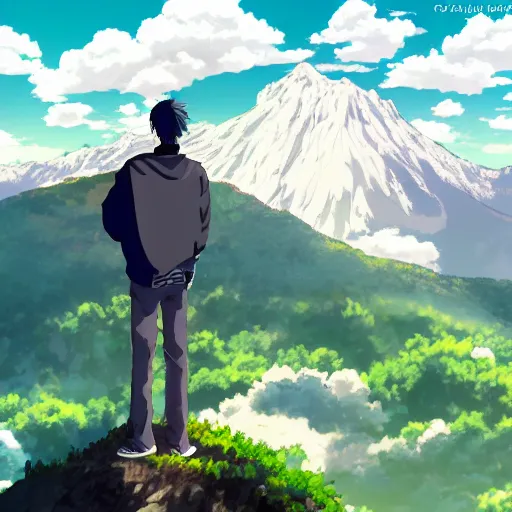 Prompt: anime guy standing on the mountain in the full moon
