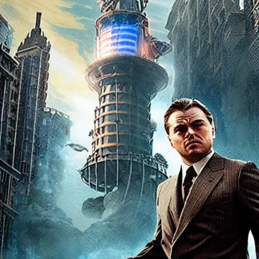 Image similar to movie poster depicting andrew ryan, portrayed by leonardo dicaprio, in a new live - action bioshock movie, the underwater city of rapture is also present, highly detailed face