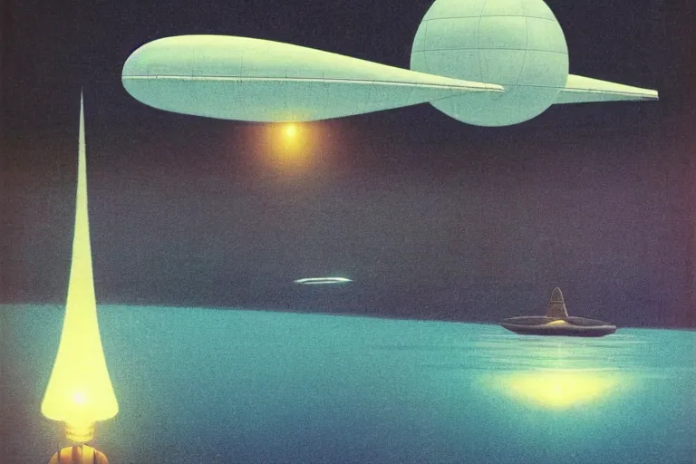 Prompt: 1 9 7 9 omni magazine cover of blimp with a floodlight searching over the water near tokyo. art in bladerunner 2 0 4 9 style by dali, and vincent di fate