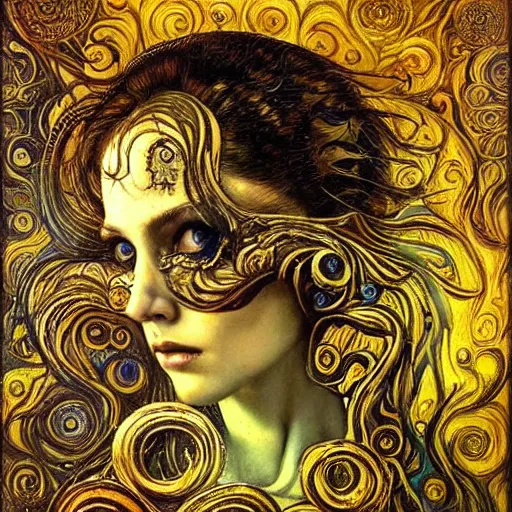 Image similar to Memento Mori by Karol Bak, Jean Deville, Gustav Klimt, and Vincent Van Gogh, beautiful visionary mystical portrait, otherworldly, fractal structures, ornate gilded medieval icon, third eye, spirals, ornate Neo-Gothic architecture