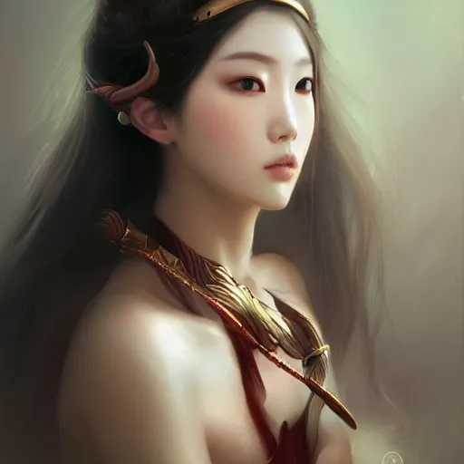 Image similar to A portrait of a female korean model as Ishtar the goddess of love, Stjepan Sejic, Ruan Jia, and Mandy Jurgens, and Artgerm, and william adolphe bouguereau, highly detailed, trending on artstation, award winning