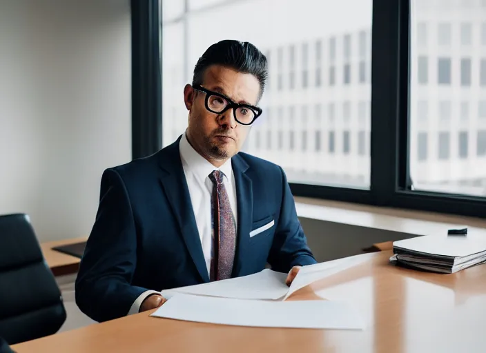 Prompt: photo of a parroy in a suit and glasses, reading a document at a desk in an office. Highly detailed 8k. Intricate. Sony a7r iv 55mm. Award winning.