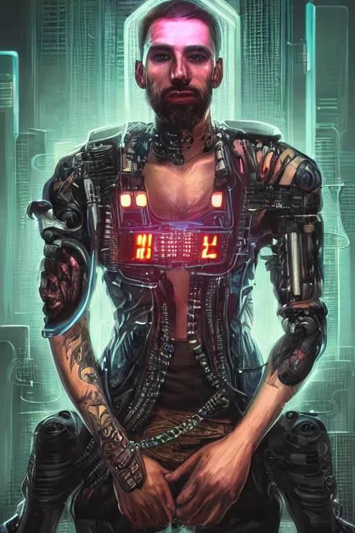 Prompt: a full body illustration of an male cyberpunk character wearing bionic implants, criminal mugshot, long hair, bearded, highly detailed, oil on canvas, soft lighting, neon pastel colors, by WLOP and Greg Staples, HD, 4K