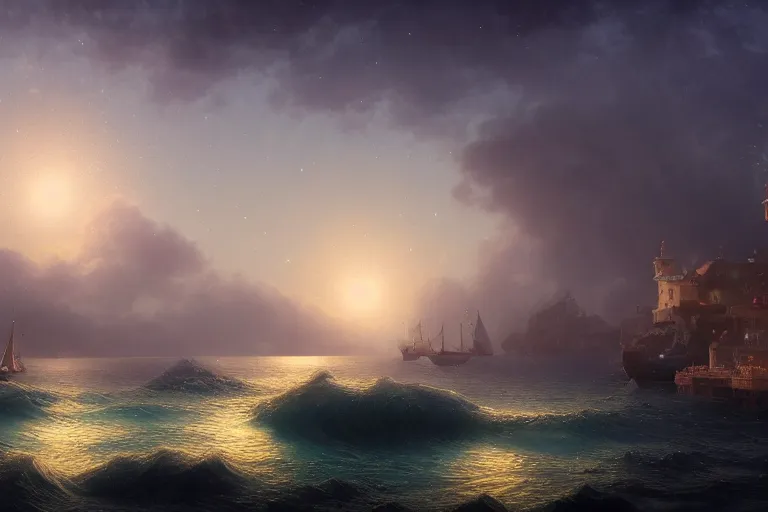 Prompt: island town, the stars shine in the starry sky, bright moon, waves, sparkling sea, clouds and fog, whimsical, detailed, volumetric lights, intricate details, raytracing, great complexity, cinematic, film, 8 k, octane render by ivan aivazovsky and noah bradley