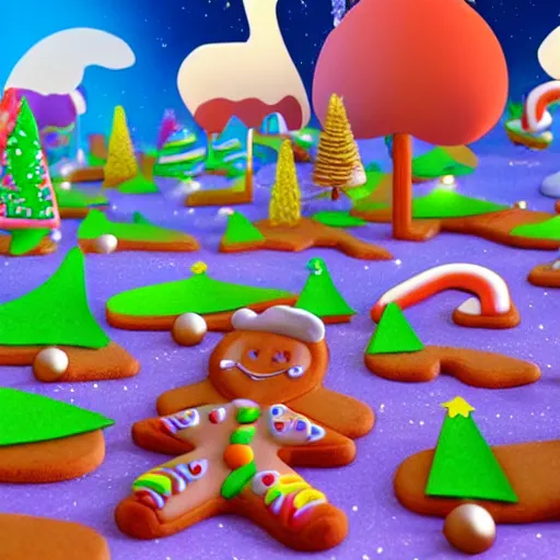 Image similar to Candy land forest during christmas time with anthropomorphic ginger bread people and candy people, rivers made out of chocolate milk, the sky is pink, 3d art, Surreal, Angelic, HD, Hyper Realistic