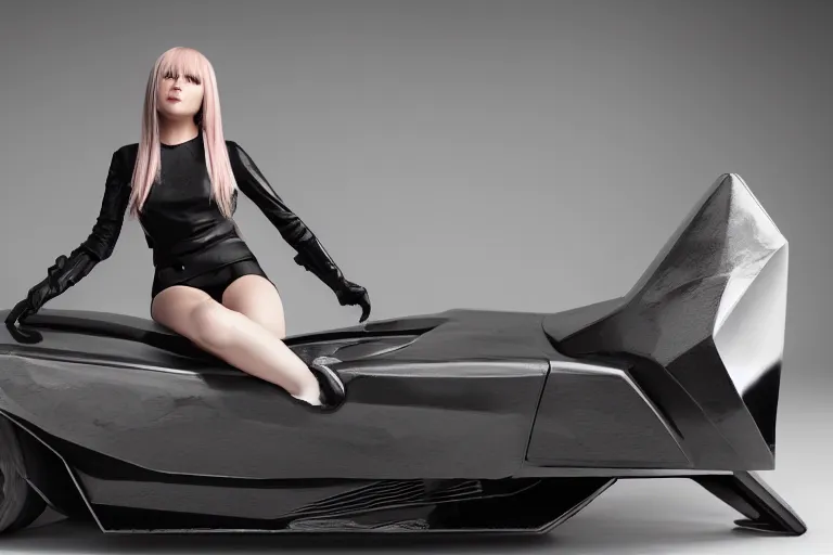 Image similar to Beautiful photograph of Yorha 2B sitting on a concept 1970s wedge car. 8k. Studio lighting.